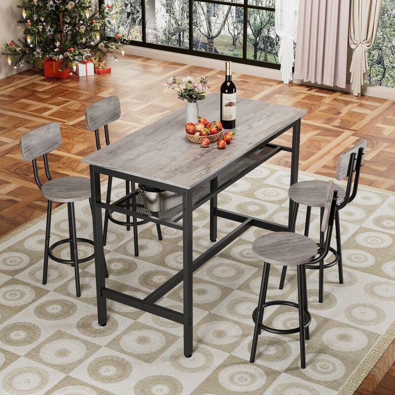 5-Piece Pub Table Set with Shelf Storage & 4 Stools, Multi-Functional Corner Bar Table Set with Backrest Stools, Antique Grey