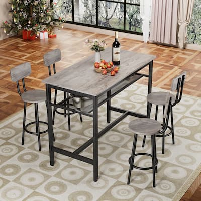 Dining Bar Table Set for 4, 5 Piece Counter Height High Breakfast Wood Metal Table and Chairs