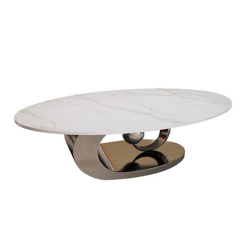 GDFStudio - Contemporary 49.2" Oval Sintered Stone Coffee Table with Sculptural Stainless Steel Base & Anti-tip Adjustable Feet