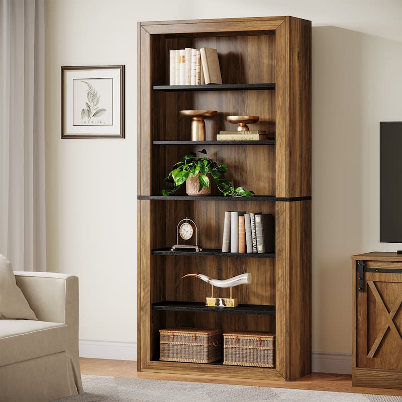 74.4'' Tall Bookcase with Storage Shelves, 6-Tier Wood Bookshelf - Brown and Black