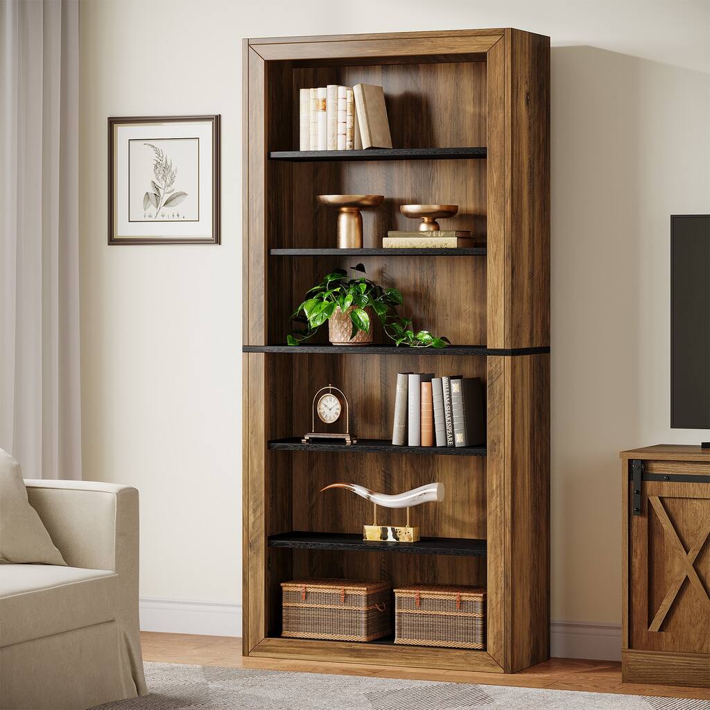 74.4'' Tall Bookcase with Storage Shelves, 6-Tier Wood Bookshelf