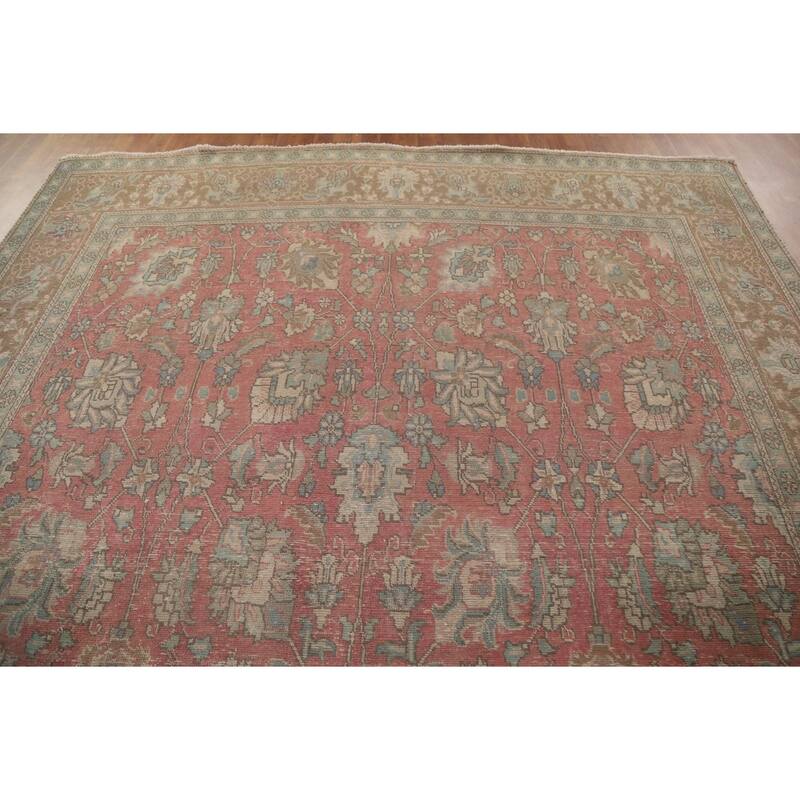Pink Distressed Tabriz Persian Antique Rug Hand-knotted Wool Carpet - 9'5" x 12'3"