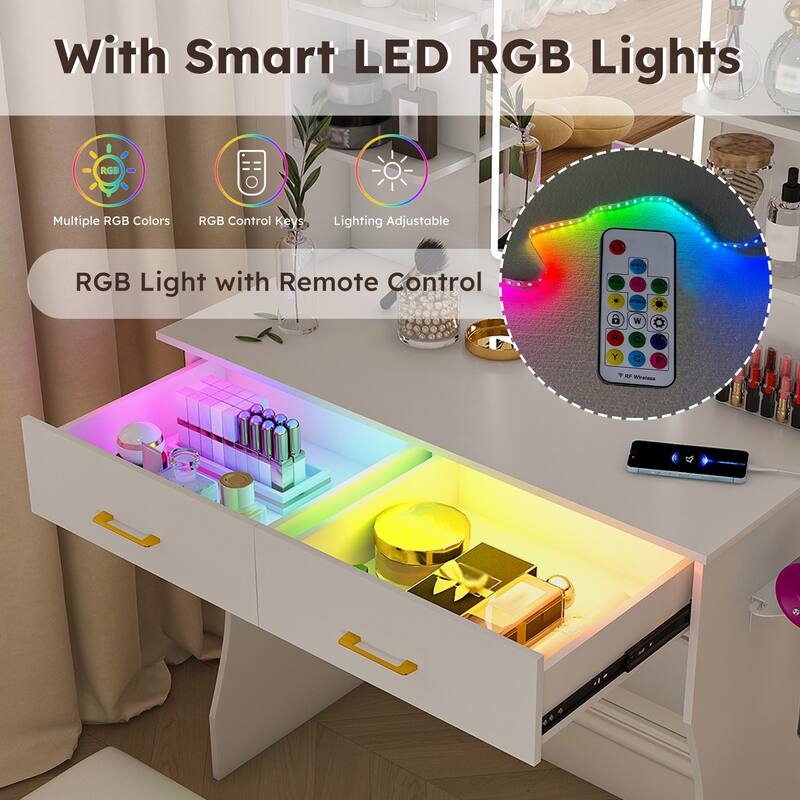 Vanity Desk with Adjustable LED Lights Mirror,Power Outlet and Chair