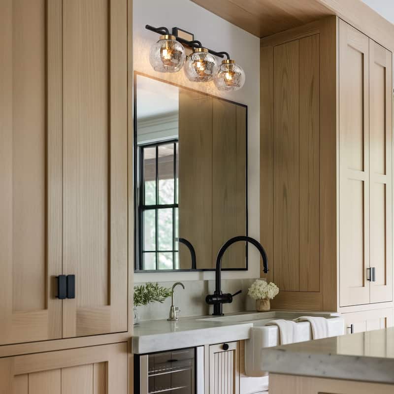 Ziv Modern 3-Light Black Gold Bathroom Vanity Lights with Mercury Globe Glass Shades