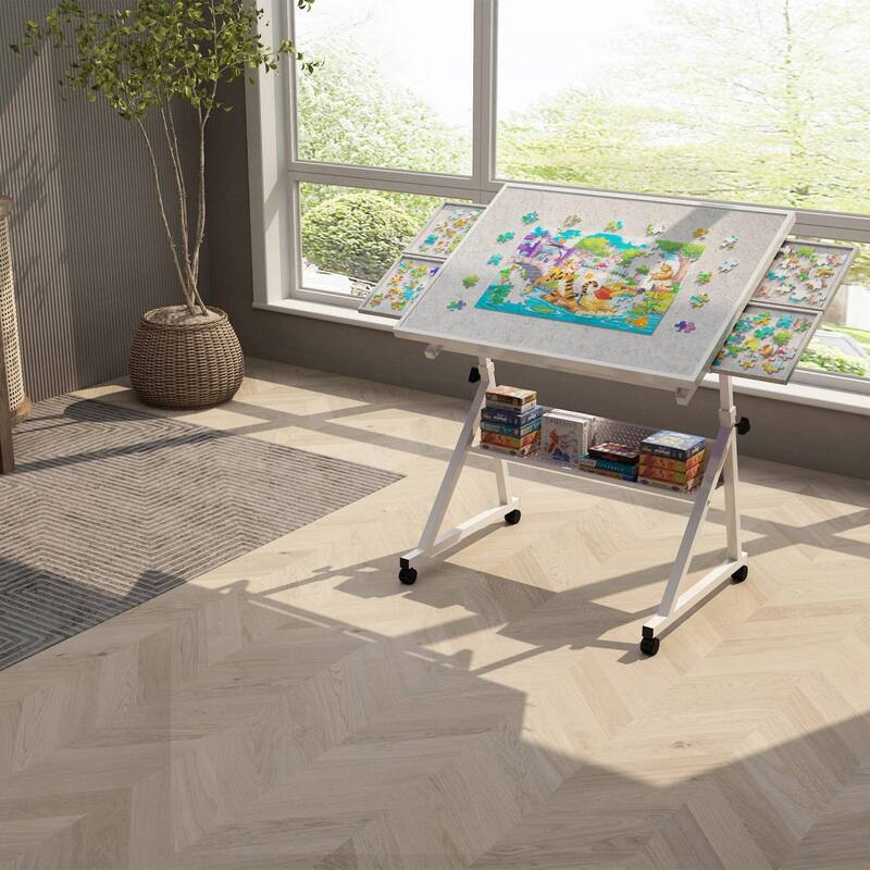 Tiltable Puzzle Table with Trays and Lockable Wheelsa