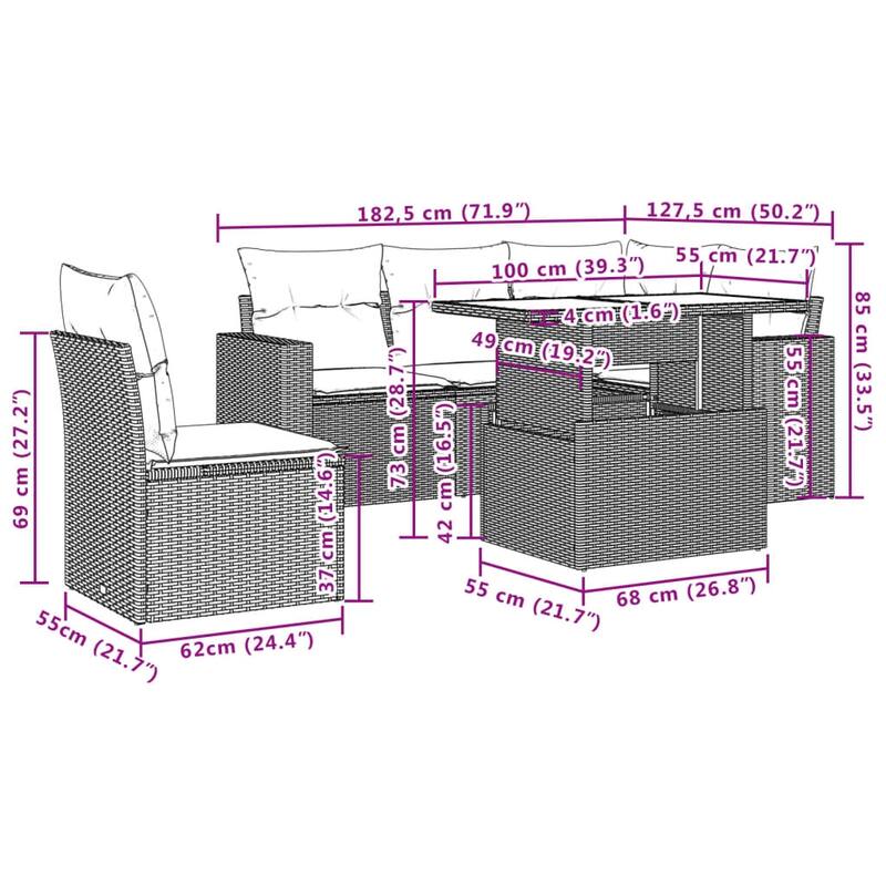 vidaXL Patio Sofa Set with Cushions Outdoor Furniture 6 Piece Poly Rattan