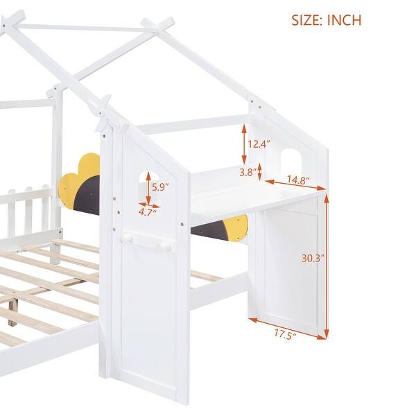 dimension image slide 0 of 3, Full Size Platform Bed with Windmill, Flower Decor & Desk - Creative Design