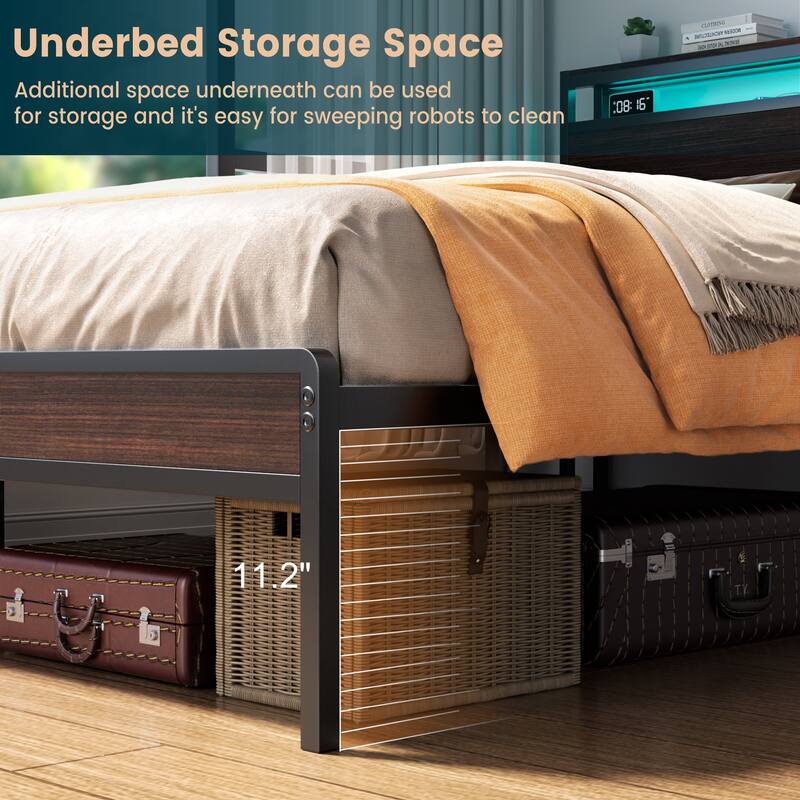 Farmhouse Wood Platform Bed Frame with Charged Station and LED Lights