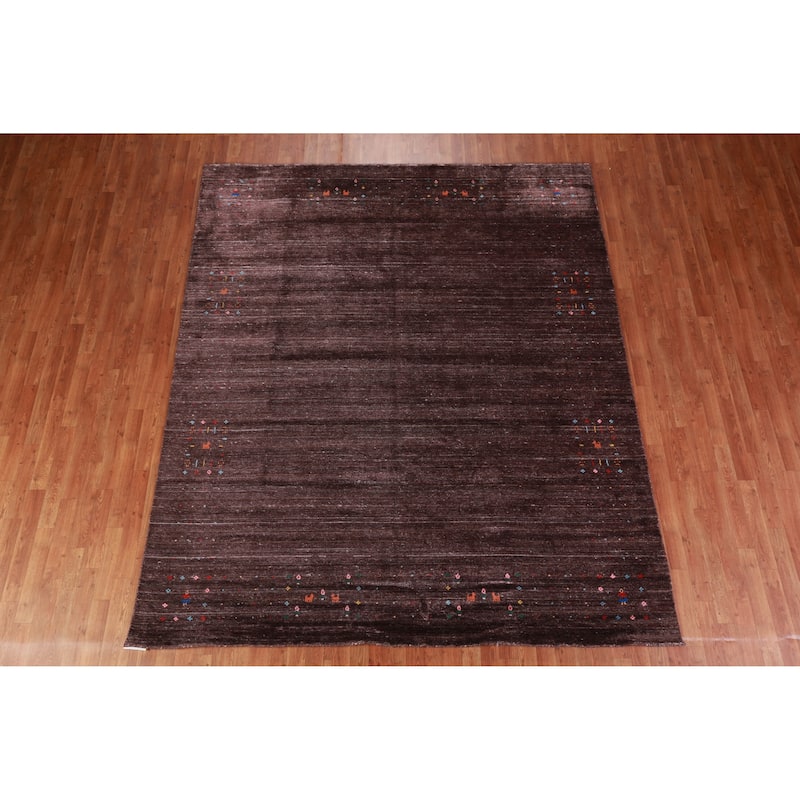 Hand Knotted Oriental Viscose Silk Carpet Tribal Stripe Brown Gabbeh Area Rug - 9' 10'' X 8' 2''