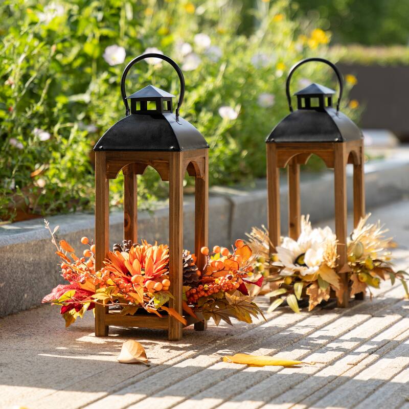 Glitzhome 20"H Fall Thanksgiving Pumpkin Sunflower Pine Cone Wooden Hanging Lantern Table Porch Decor