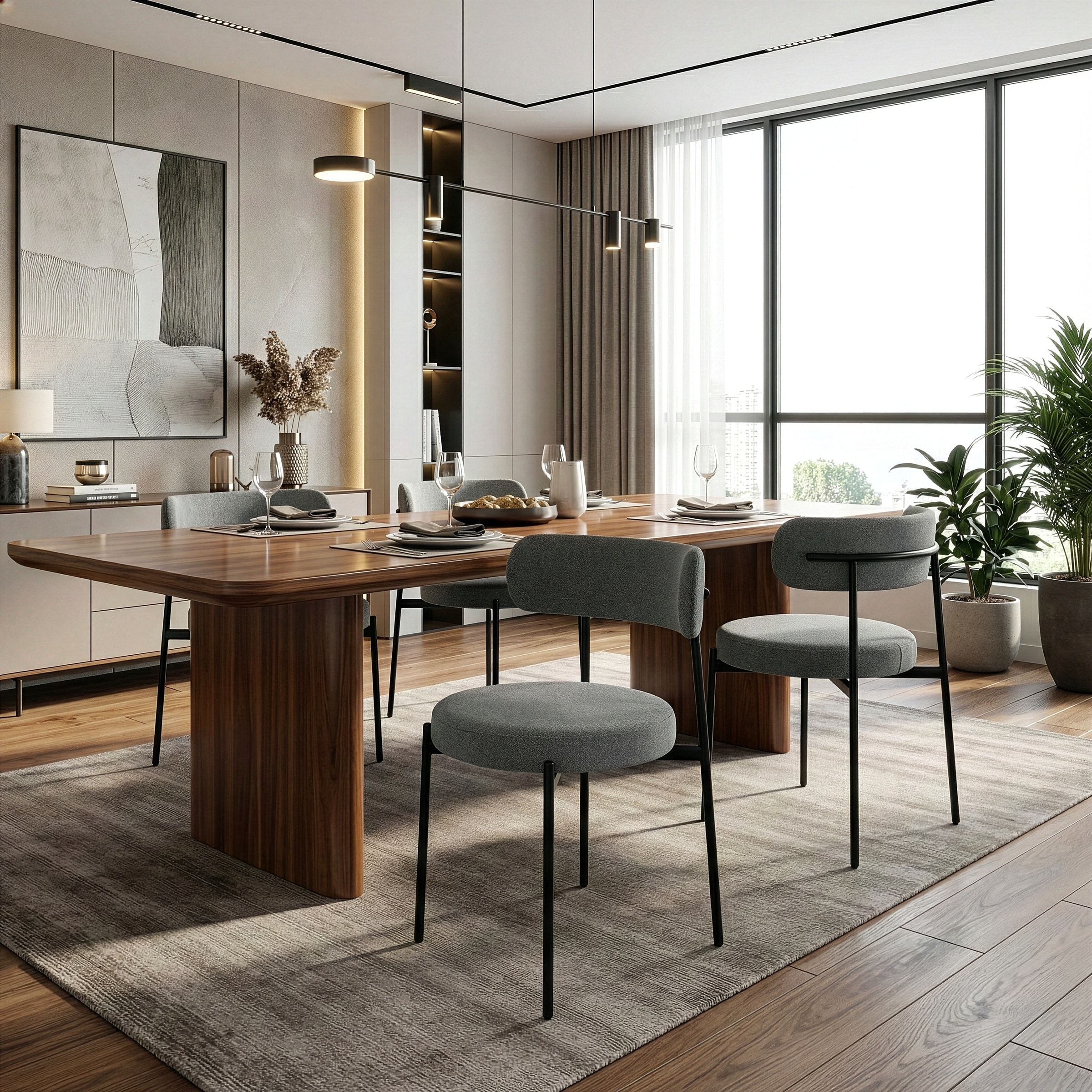 Set of 2 Avrom Gray Boucle Dining Chair with Black Metal Legs