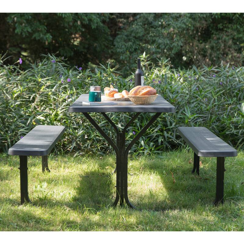 Outdoor Woodgrain Picnic Table Set with Metal Frame, Gray