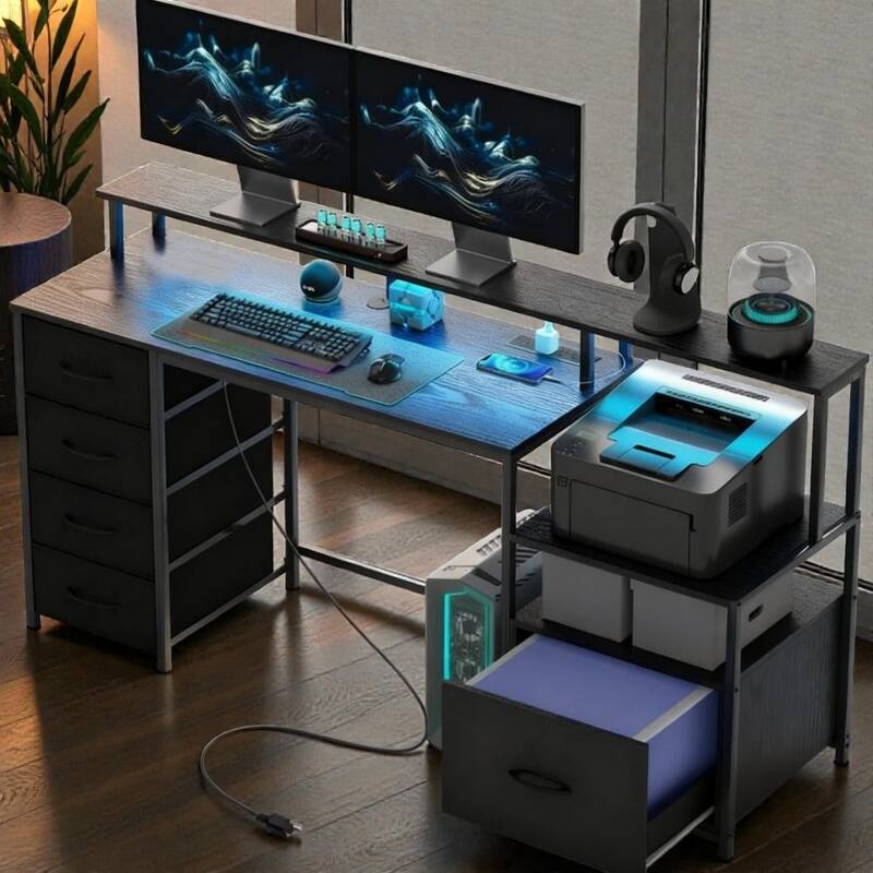 Computer Desk with File Cabinet and Fabric Drawers, Office Desk with Charging Station LED Lights and Monitor Stand - Black