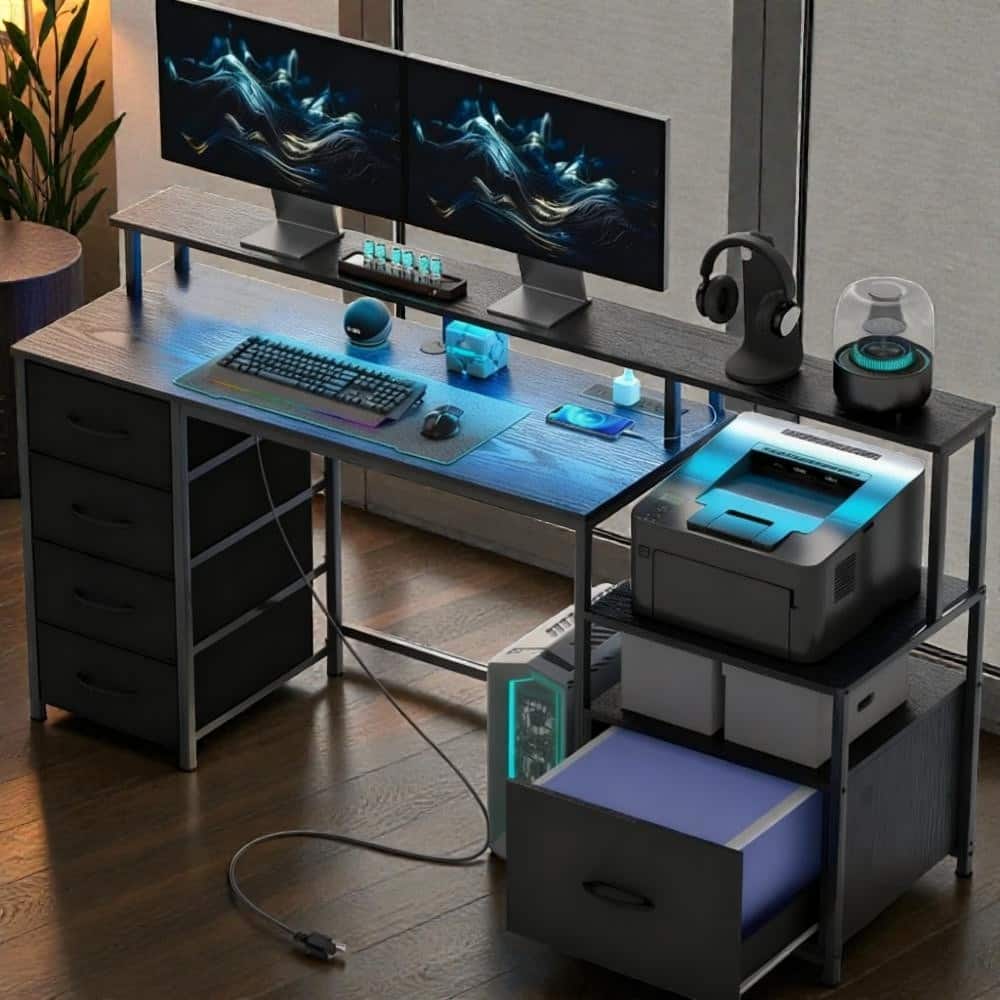 Computer Desk with File Cabinet and Fabric Drawers, Office Desk with Charging Station LED Lights and Monitor Stand