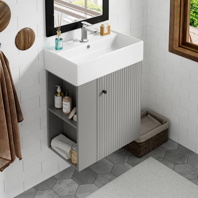 Floating Bathroom Vanity with Sink, Small Wall Mounted Bathroom Vanity, Bathroom Cabinet with Soft Close Door & Left Side Shelf - Gray