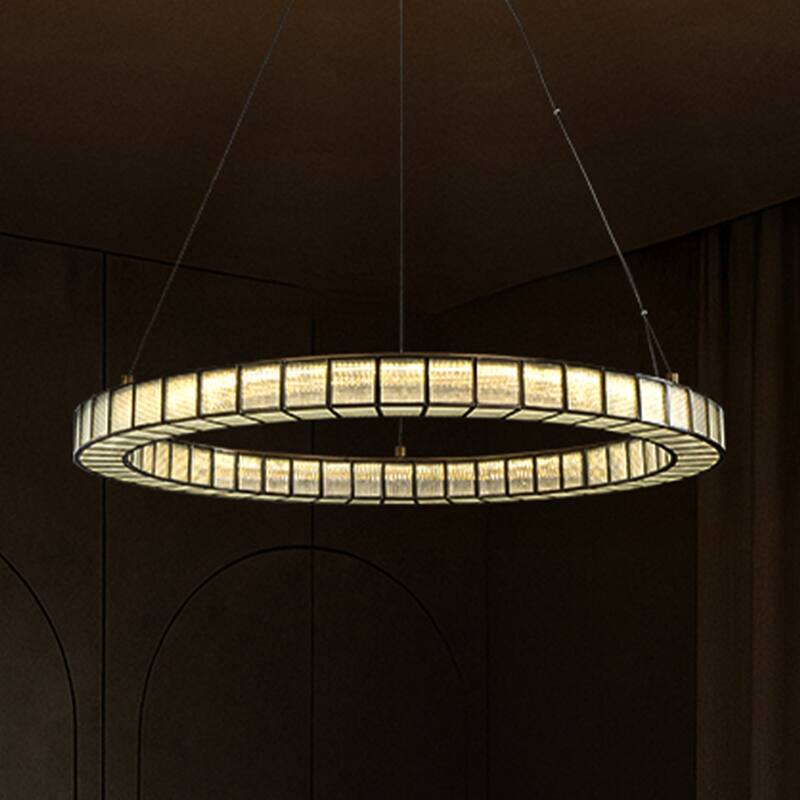 32'' Modern Halo Round Art Glass Integrated Led Chandelier Brass Art Deco Led Ceiling Light For Dining Room Living Room - W32''
