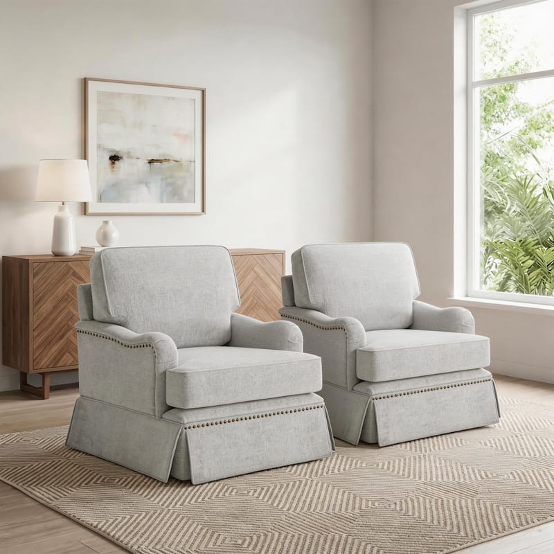 Set of 2 Chenille Swivel Accent Chair with Nailhead Trim Skirt