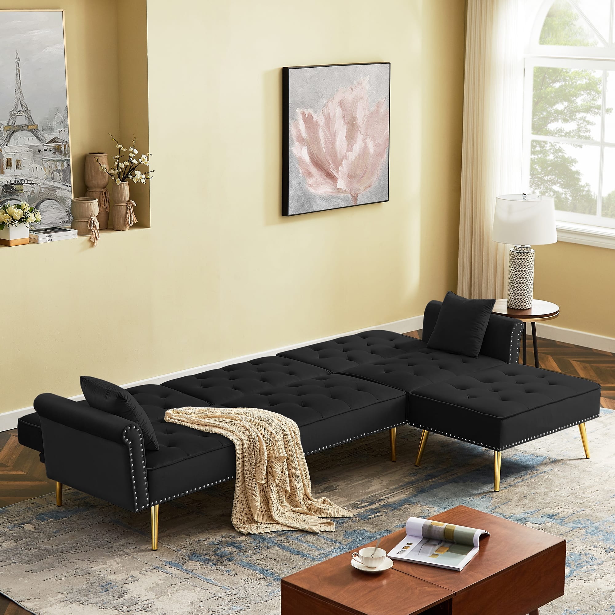 Black Modern Velvet Reversible Sectional Sofa, Movable Ottoman Bed
