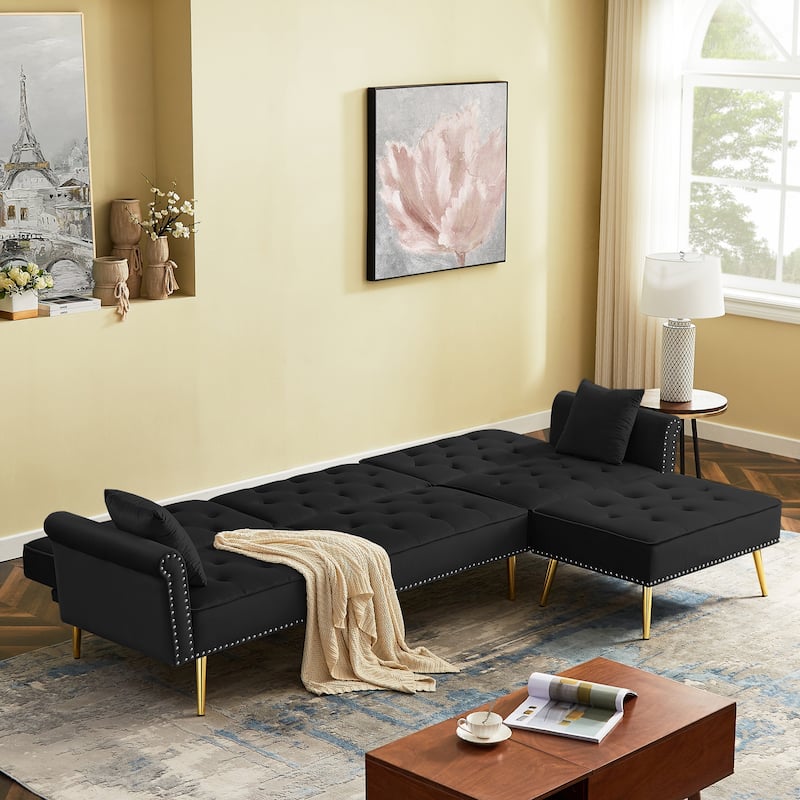 Velvet Upholstered Reversible Sectional Futon Sofa Bed, LShaped Couch