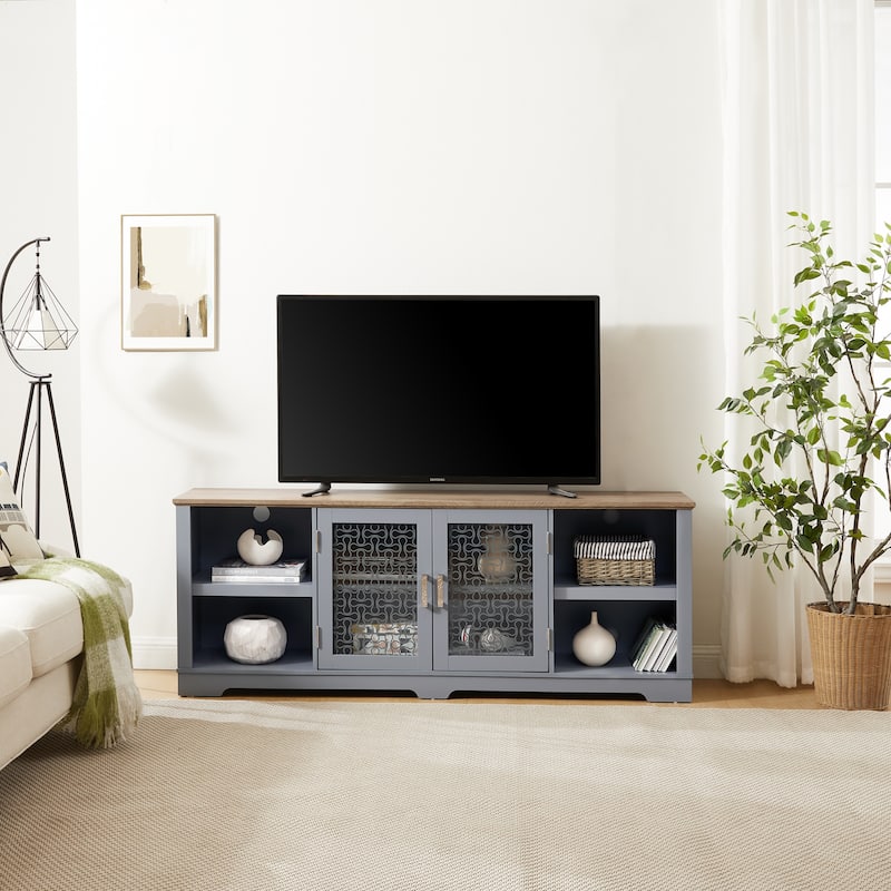 Farmhouse Style TV Stand Home Entertainment Console, for TVs Up To 80'' with Open Shelving and Glass Doors, For Living Room