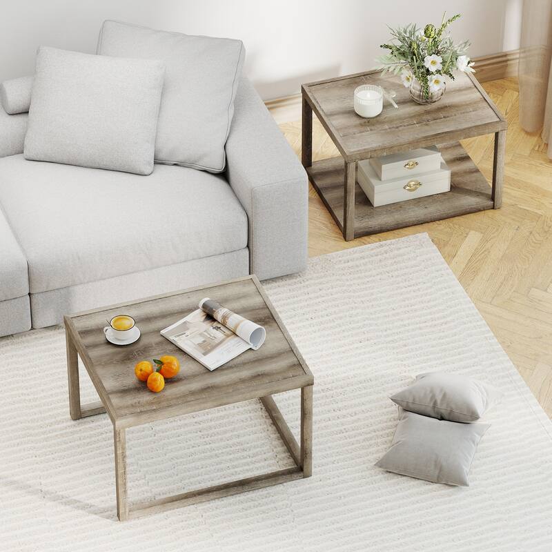 Gymax Nesting Coffee Table Set of 2 Stackable Rectangular End Tables
