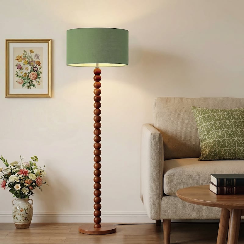 61" Wooden Beaded Floor Lamp, Retro Walnut Finish Standing Lamp with Linen Shade, Rubberwood Base for Living Room, Bedroom - Green