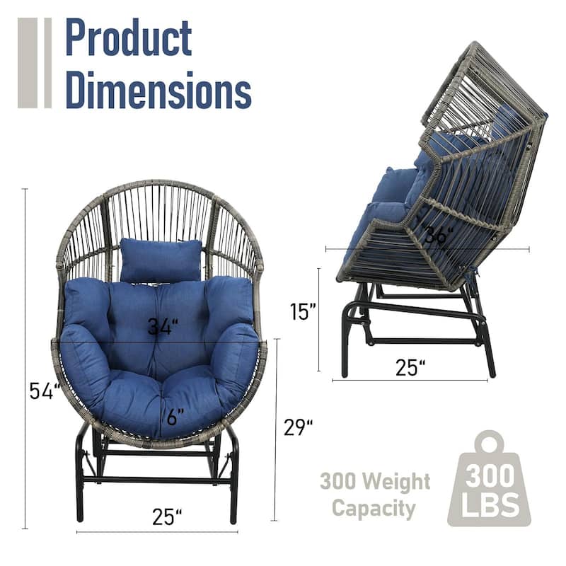 Outdoor Glider Egg Chair with Blue Cushion - Grey