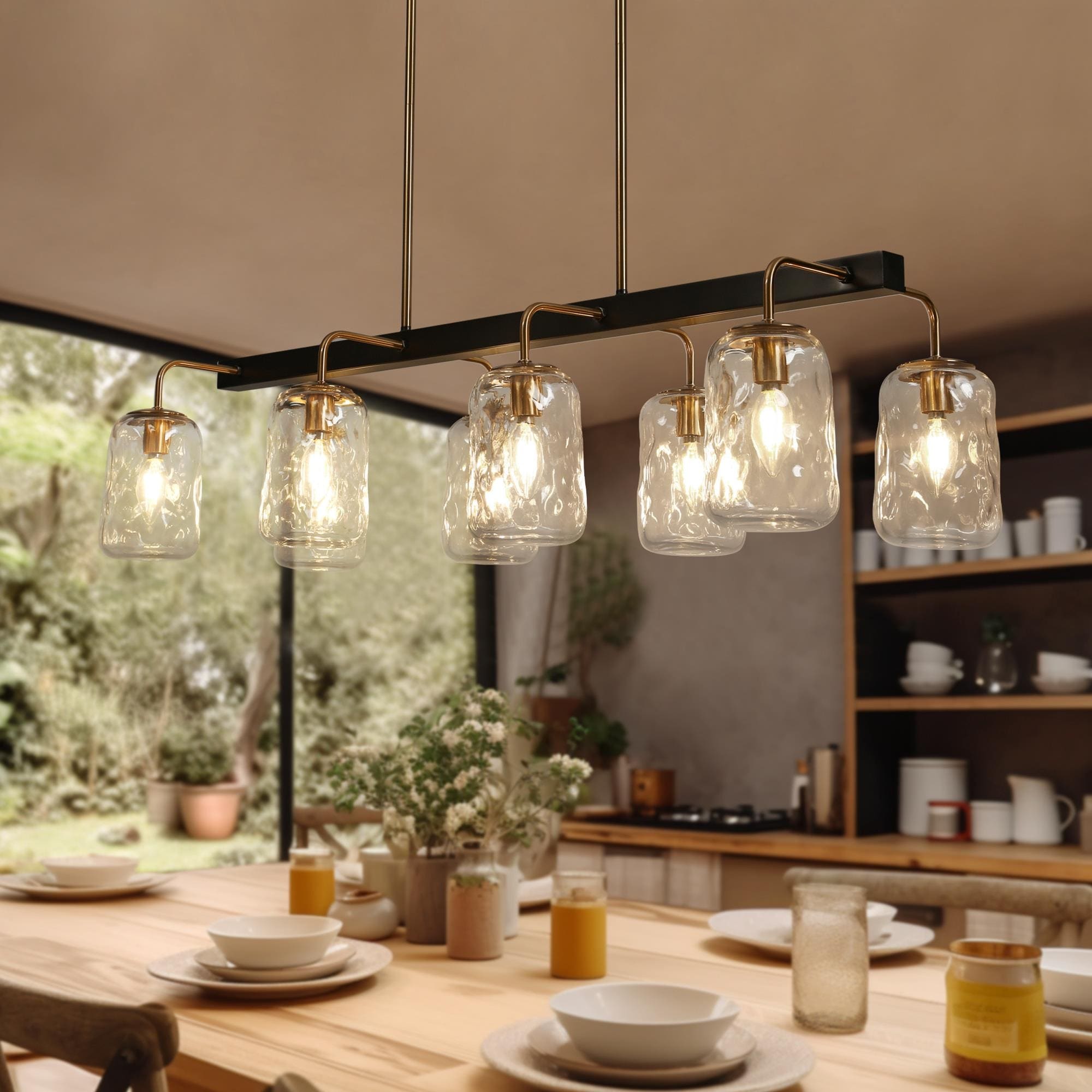 LALUZ Modern 8-Light Rectangle Chandelier Glass Kitchen Island Lights for Dining Room - L 39" x W 14.2" x H 9.8"