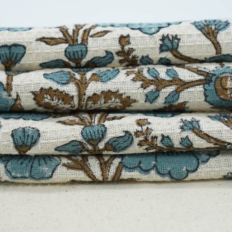 Fabdivine Honeycomb or Waffle Weave Hand Block Floral Print Hand Towel, Kitchen Gift Use