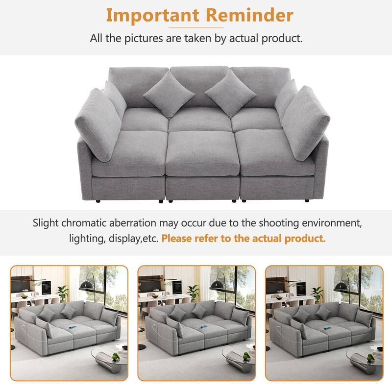 85.4" Modular U/L-shaped Sofa Bed with Ottoman & Two USB Ports, Light Grey Chenille