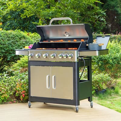 6-Burner Propane Gas BBQ Grill with Side Burner, 65,800 BTU, Porcelain Grates, 665 SQ.IN. Cooking Area, Stainless Steel