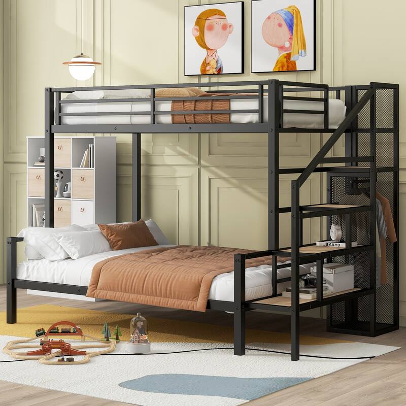 Roomfitters Twin over Full Size Metal Bunk Bed with Storage Staircase and Open Wardrobe, Black - Black - Twin