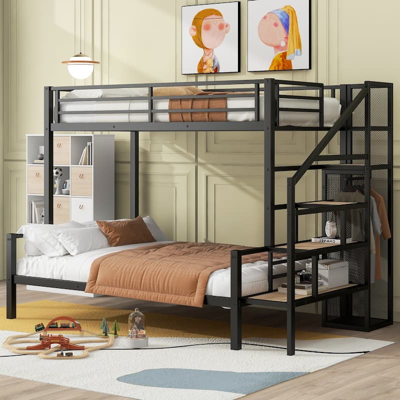 Twin over Full Metal Bunk Bed with Storage Stairs and Wardrobe, Black - Black