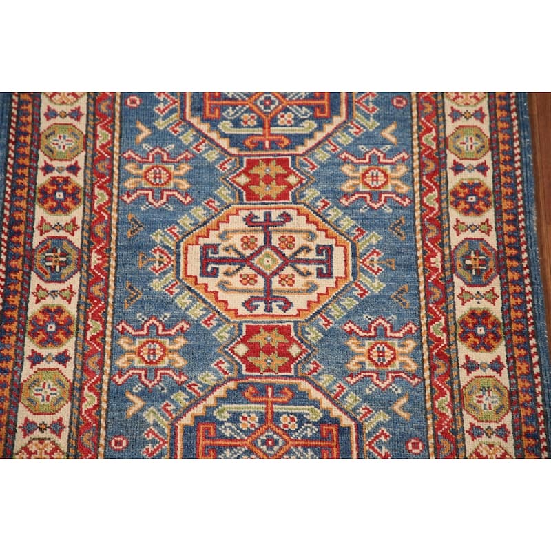Blue Kazak Oriental Accent Rug Hand-Knotted Geometric Wool Carpet - 2'8"x 4'1"