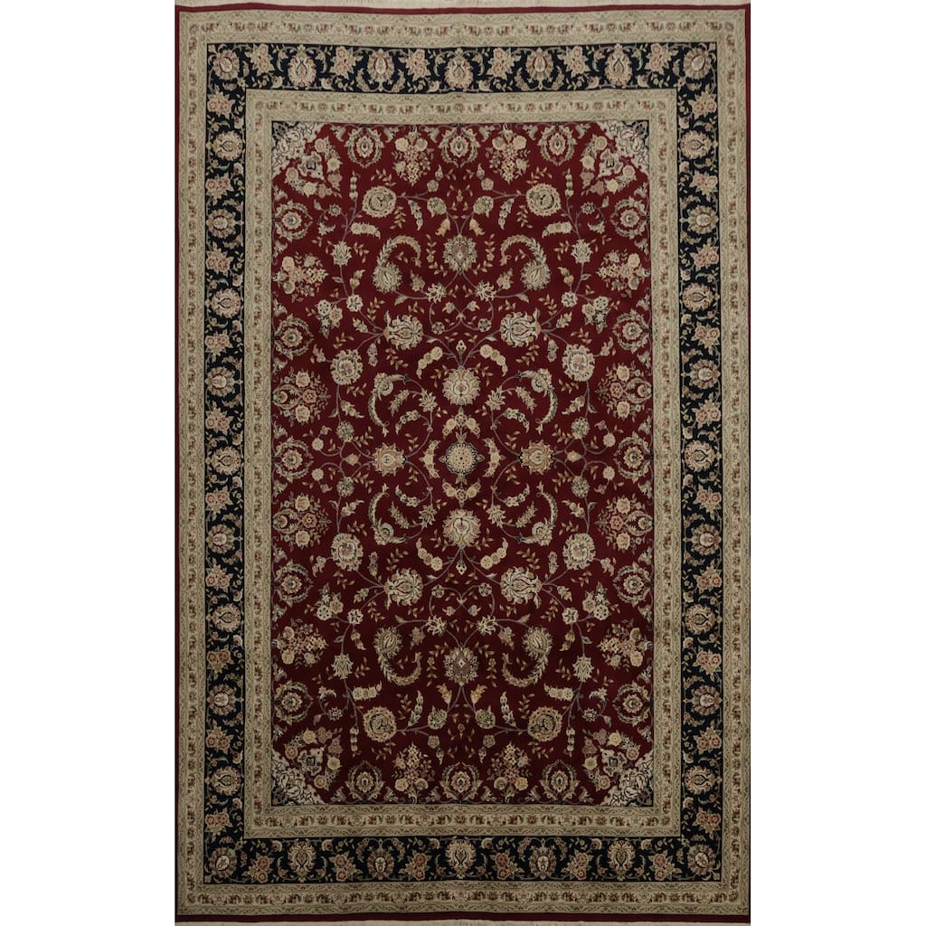 Hand Knotted Oriental 100% Wool Carpet Traditional Floral Red Aubusson Area Rug - 14' 0'' X 9' 10''