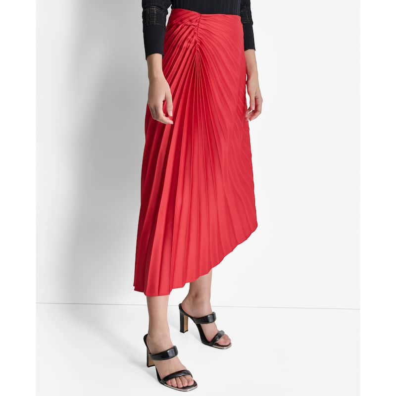 DKNY Pleated Asymmetrical Satin Midi Skirt