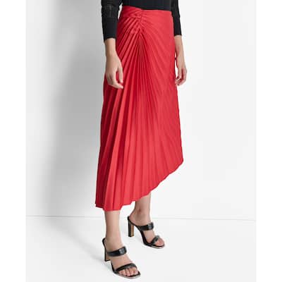 DKNY Pleated Asymmetrical Satin Midi Skirt