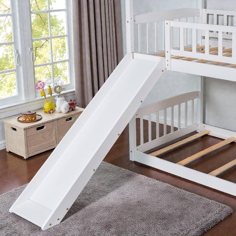 Twin Over Twin House Bunk Bed with Slide, Solid Wood Frame, Safety Rails, Space-Saving Kids Bed