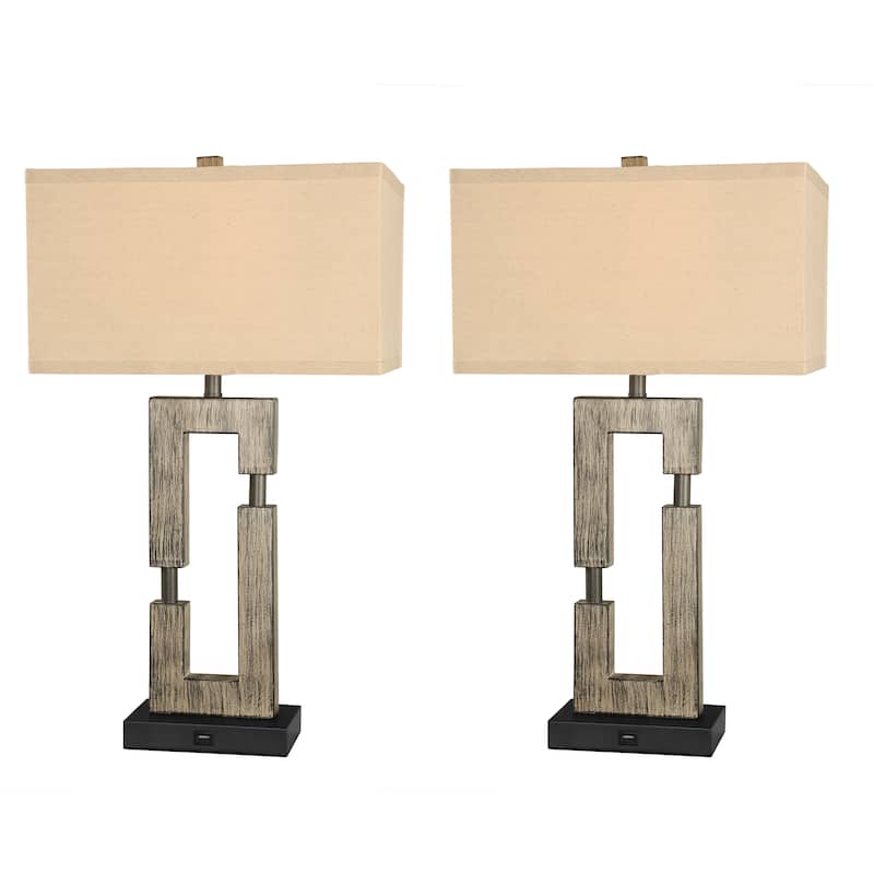 USB Wood Table Lamp With Cotton Shade Set of 2