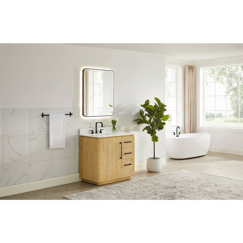 Serene Bathroom Vanity in Nature Brown with Grain White Engineered Stone Countertop with Mirror