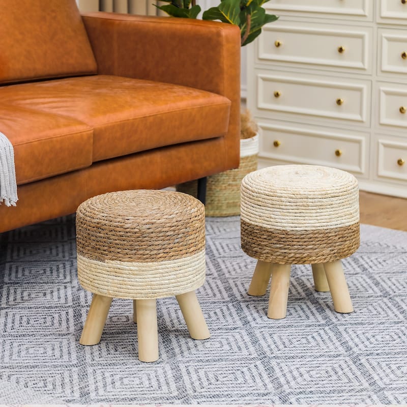 Adeco Set of 2 Ottomans Natural Cattail Hand Weave Round Foot Stool