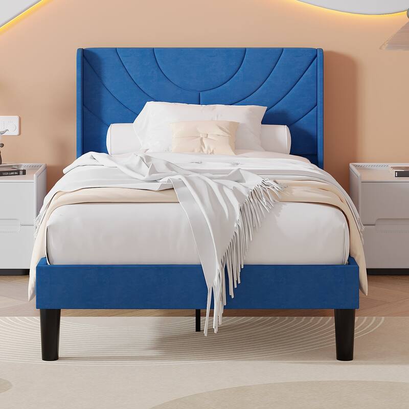 Javlergo Upholstered Bed Frame with Wingback Panel Headboard, No Box Spring Needed - Blue - Twin