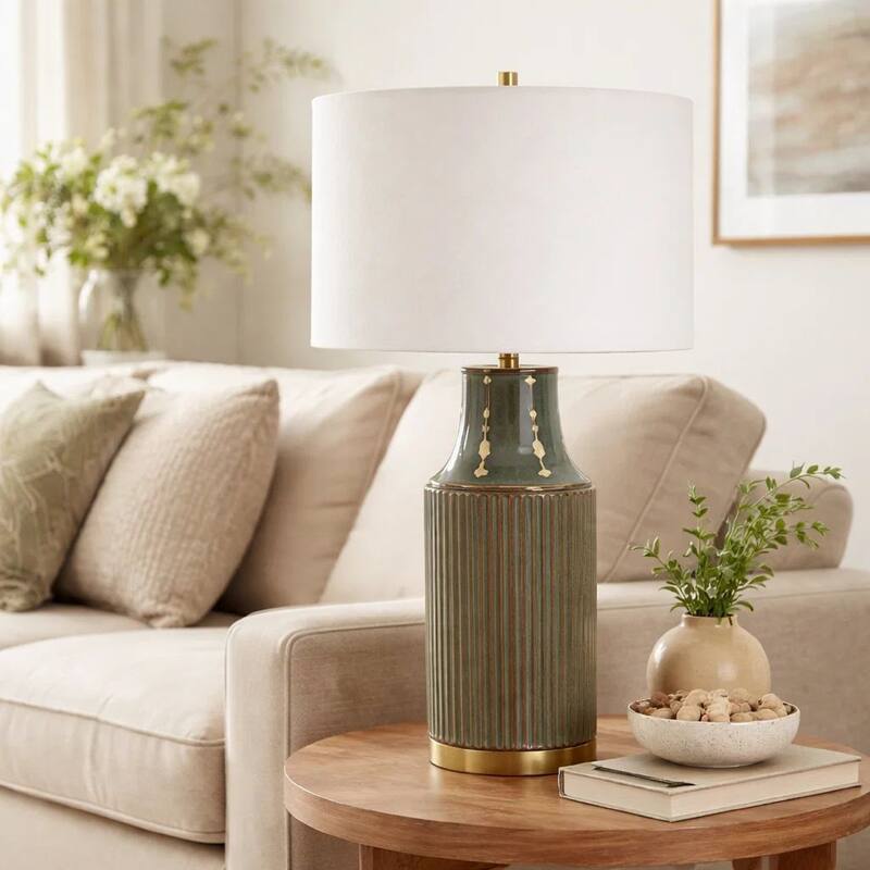 Table Lamp, White Linen Shade, Ribbed Ceramic Base, Blue Green 27 Inch