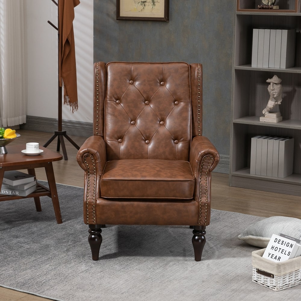 High Back Wood Frame Armchair, Modern Accent Chair Lounge Chair with Wood Legs, Upholstered PU Leather Lounge Chairs