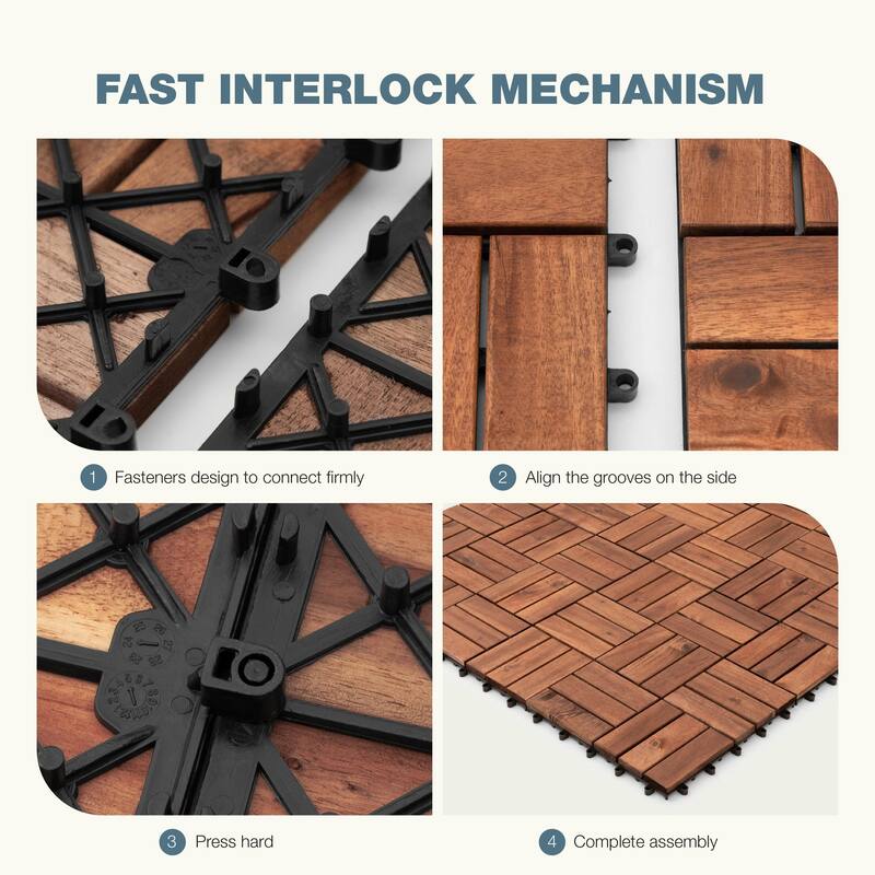 10pcs Interlocking Deck Tiles 11.8" x 11.8", Patio Flooring Outdoor Waterproof, Acacia Wood Tiles All Weather