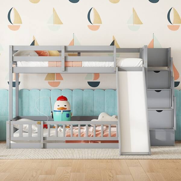 slide 2 of 10, Wooden Twin-Over-Full Bunk Bed with Safety Guardrails, Slide and Storage Staircase,Grey Grey