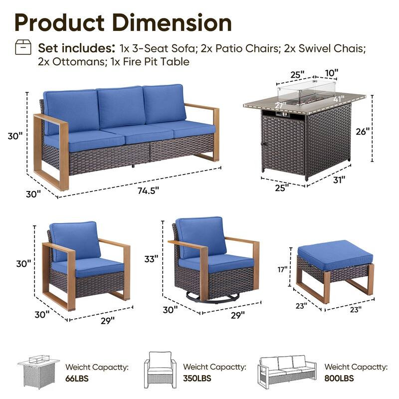 Pocassy 8 Pieces Outdoor Sofa Chair Ottoman with Fire Pit Table Set
