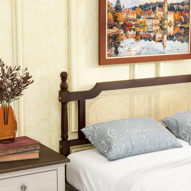 Queen Size Platform Bed with Rattan Headboard, Underbed Storage, Solid Pine Wood Frame, and Easy Assembly