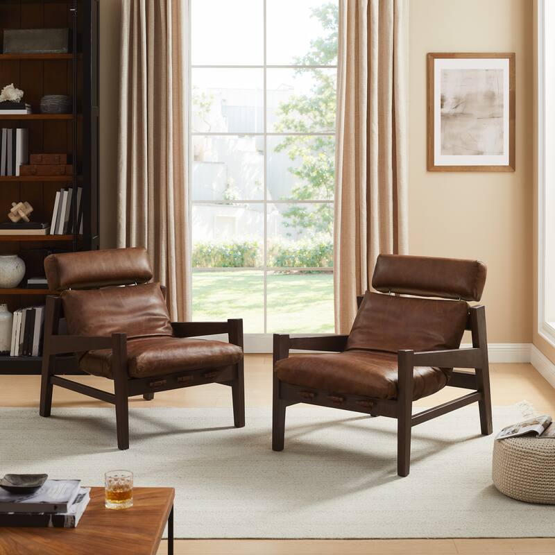 Art Leon Genuine Leather and Ash Wood Lounge Chair