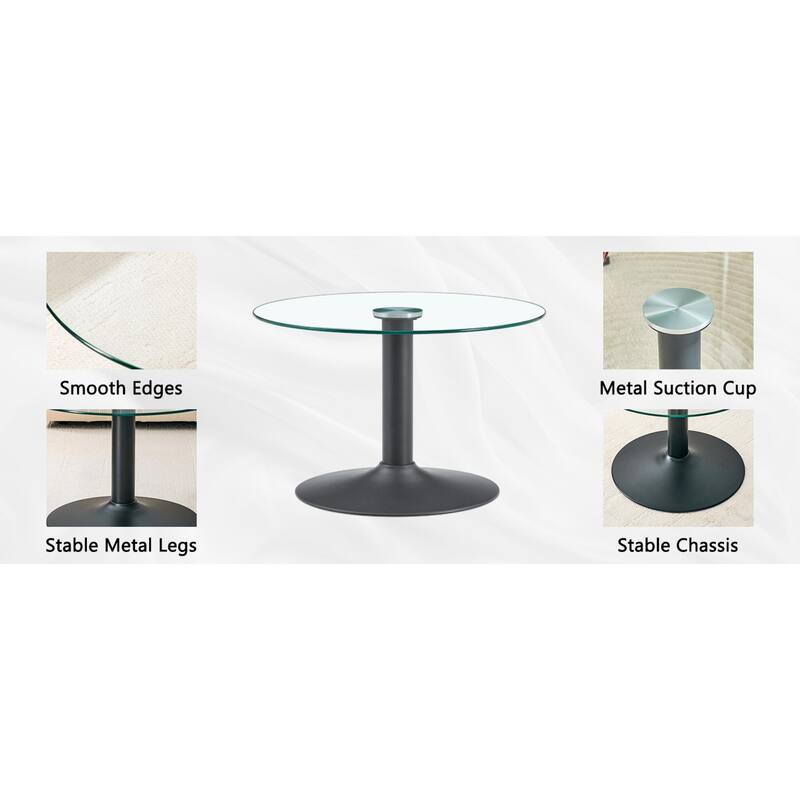 Roomfitters 27.5-Inch Round Tempered Glass Coffee Table, Metal Base, Circular Center Table, Modern Minimalist